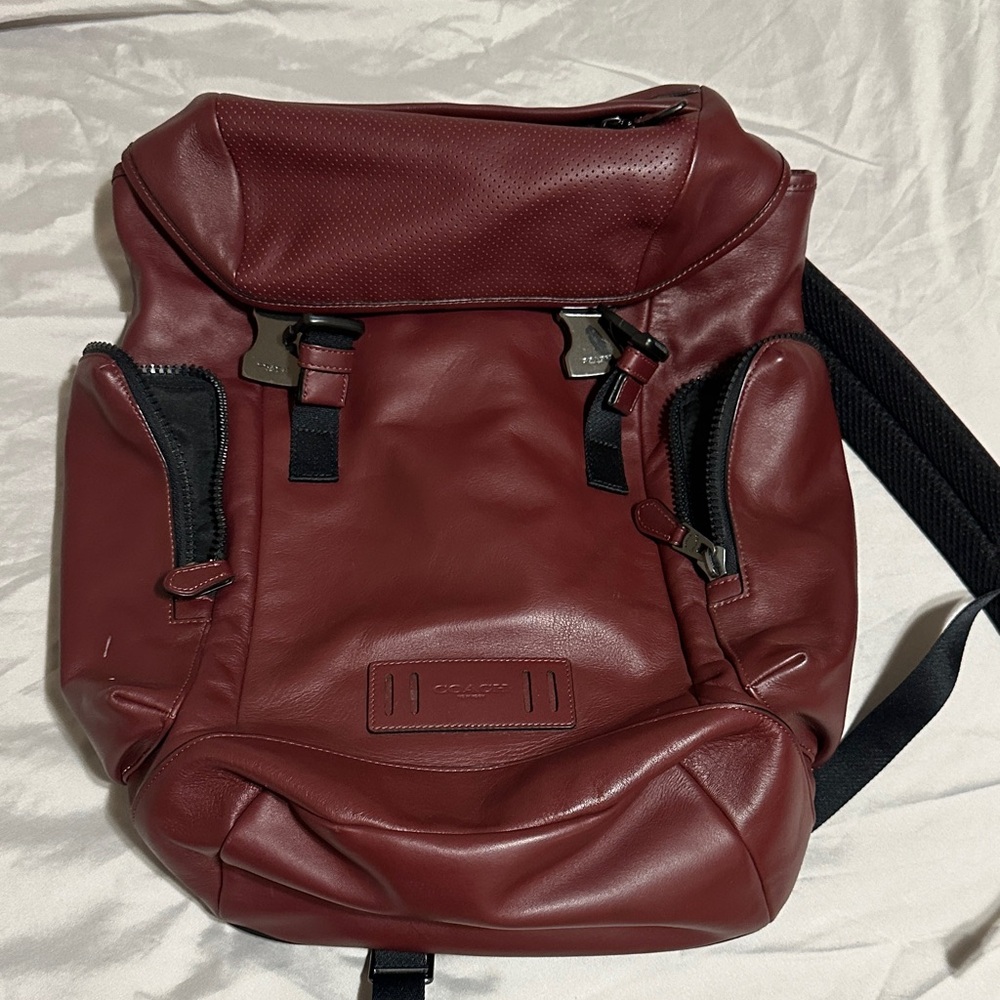 Coach Men's Leather Backpack in Deep Burgundy with Black Accents